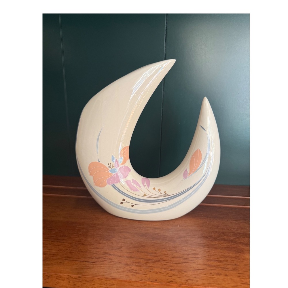 Vintage 80s Postmodern‎ Ceramic Crescent Moon Vase Floral Deco Revival Cream